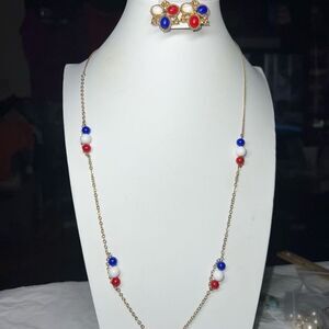 Sara Coventry Vintage Red Whit and Blue Gold Tone Necklace and Clip Earrings Set